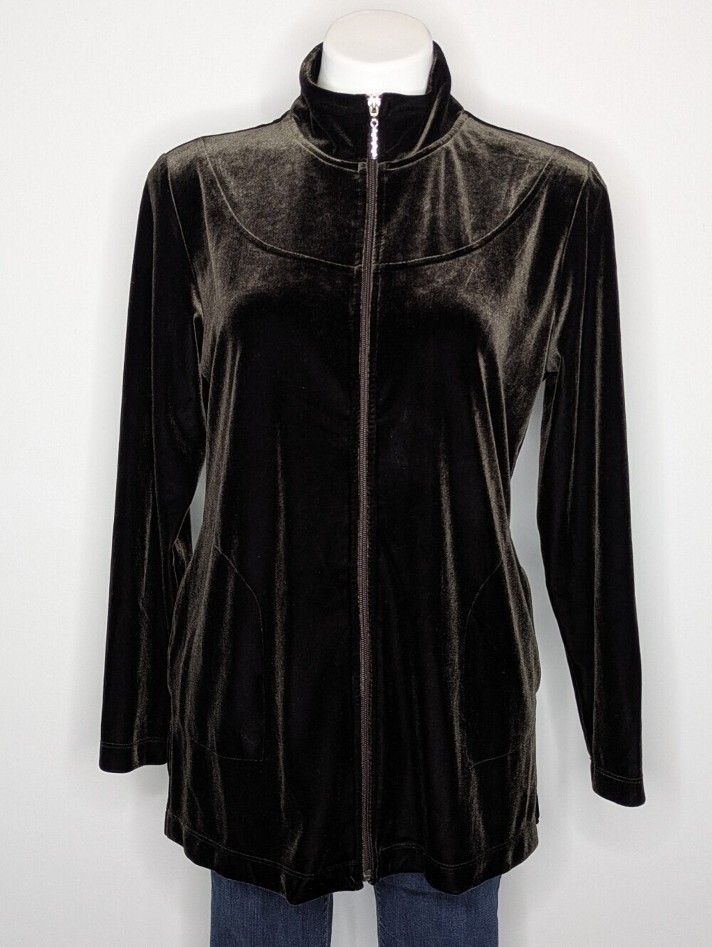 Chico's Dark Brown Velvet Zip Up Cardigan Fall Jacket M